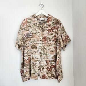 Vintage Victoria Jones Safari Animal Print Button Up Short Sleeve Shirt Brown 3X
